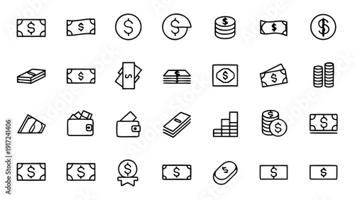 A set of linear outline icons focused on cash management, financial operations, economic growth, and money-related business concepts.