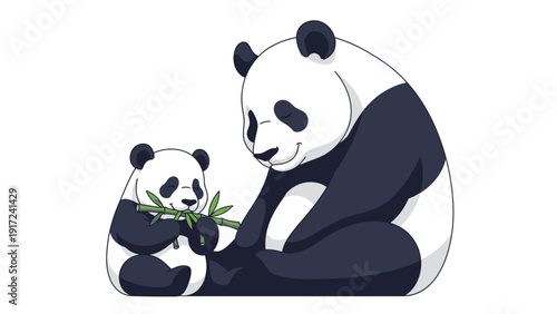 Illustration of a giant panda and a cub sitting together with the cub eating bamboo shoots on a white background.