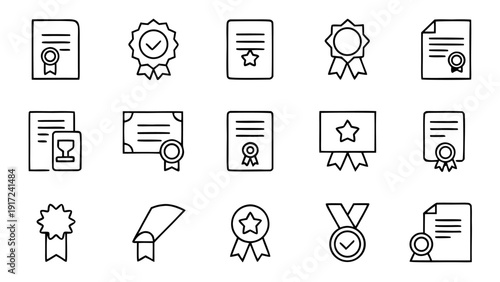 A comprehensive collection of linear outline icons illustrating various types of certificates, awards, diplomas, and official document concepts.