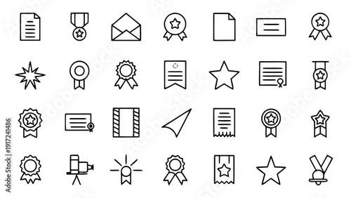 A versatile set of linear outline icons depicting diverse themes of certification, professional recognition, academic achievement, and official documentation.