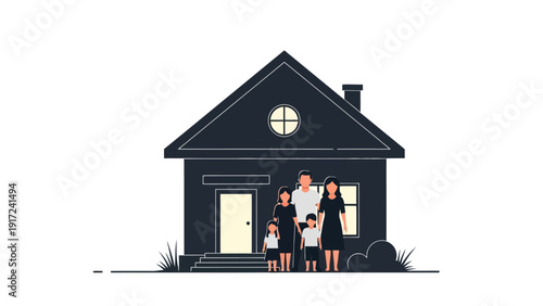 Dark silhouette of a house with a family standing in front
