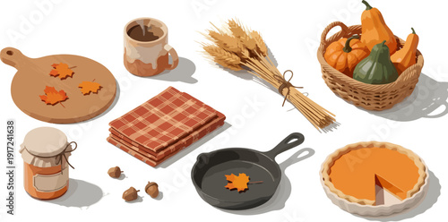 Fall kitchen scene with harvest items