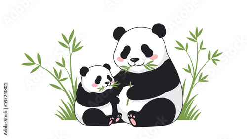 Digital illustration of an adult panda feeding a bamboo shoot to a smaller panda cub amidst green bamboo plants on a white background.