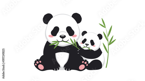 Illustration of an adult panda and a cub sitting together eating bamboo shoots against a plain white background with a cute and playful mood.