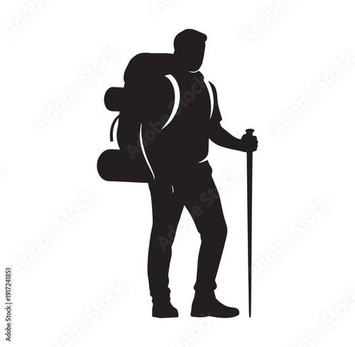 man hiking with backpack and trekking pole on white background