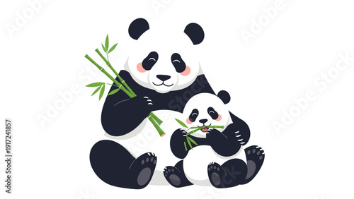 Illustration of a giant panda and its cub eating bamboo shoots against a clean white background.