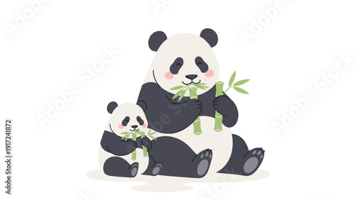 Illustration of an adult panda and a cub sitting and eating bamboo shoots on a plain white background with a cute and playful mood.