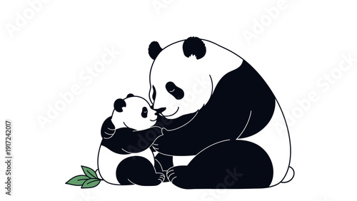 Illustration of a giant panda tenderly nuzzling a smaller panda cub beside a green leaf on a white background with black and white colors.