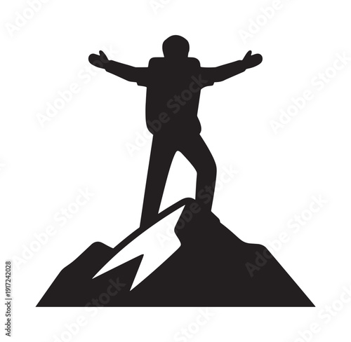 man standing on top of a mountain with arms outstretched in triumph and success