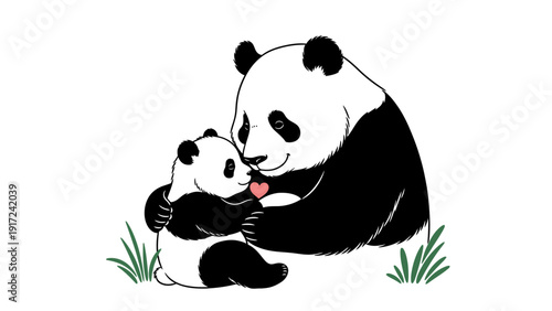 Illustration of a giant panda tenderly embracing and licking a cub, with green grass in the background, in a heartwarming scene.