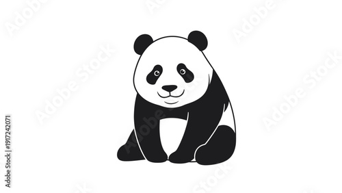 A black and white illustration of a panda sitting on a plain white background with a simple, iconic style.