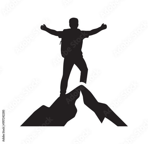 man standing on top of mountain with arms outstretched in triumph and success