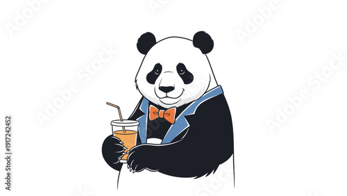 Illustration of a panda bear wearing a blue jacket and orange bow tie, holding a drink with a straw against a clean white background.