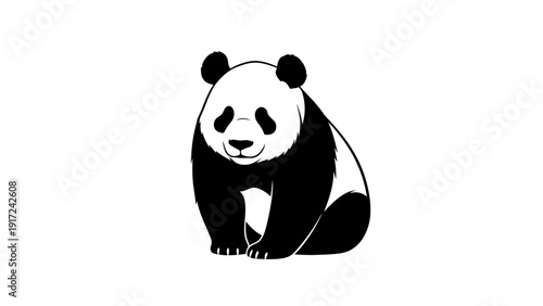 A black and white illustration of a panda sitting on a plain white background with a simple, graphic design style.