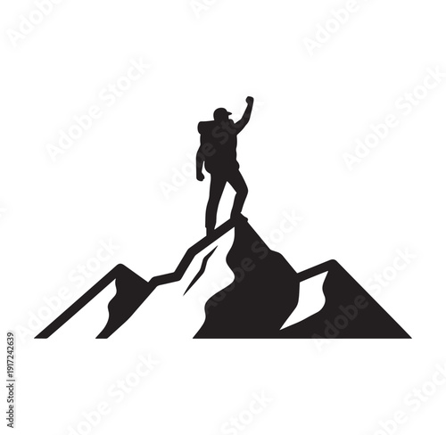 man standing on top of mountain with one arm raised in triumph and victory isolated on white background