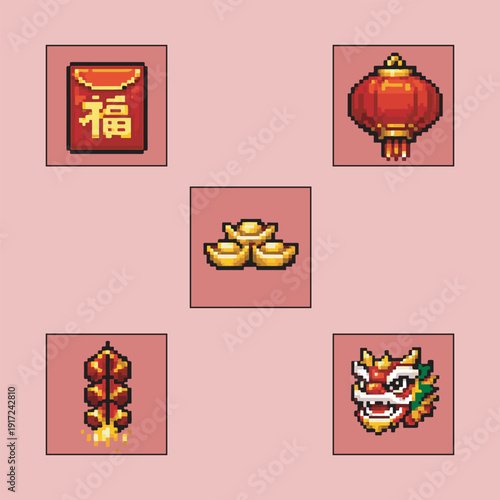 chinese new year with pixel art, eps 10 illustration