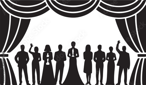 Black and white silhouettes of people on stage with theater curtains
