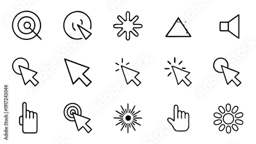A functional collection of linear outline icons depicting various computer cursors, pointing gestures, and interaction elements.
