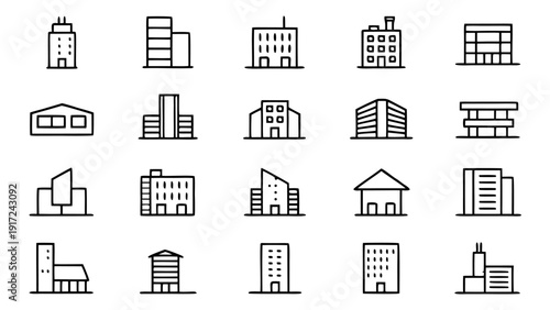 A comprehensive collection of 30 outline icons related to various commercial buildings and business structures, presented in a minimalist linear style.