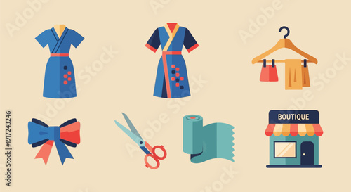 青い着物風のドレス、ハンガー、リボン、ハサミ、布、ブティックのイラストセット.