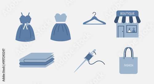 青いドレス、ハンガー、ブティック、服の山、裁縫道具、ファッションバッグのイラスト.