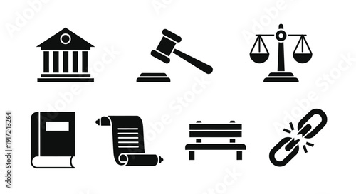 裁判所、法廷、法律、正義、法律文書、判決、鎖の壊れたイメージを表すアイコンセット.