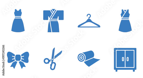 青いアイコンセット：ドレス、着物、ハンガー、リボン、ハサミ、布、クローゼット.