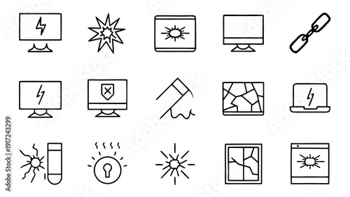 This outline icon illustrates a state of damage or breakage, emphasizing repair, destruction, or fault within a comprehensive pictogram series.