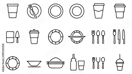 A set of 30 linear outline icons depicting various objects and themes associated with disposable table products and event preparation.