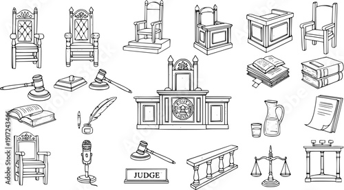 Courtroom and Justice Elements Vector Set: Hand-Drawn Collection of Law Symbols, Judge's Bench, Chairs, Gavels, Books, Scales, Microphone, Quill, and Legal Tools in Black and White Outline