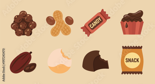 チョコレート、キャンディー、ピーナッツ、カカオ豆、スナック菓子など、様々なお菓子や食べ物のイラスト集.