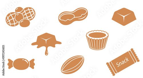 ピーナッツとチョコレートのお菓子、キャンディー、スナックバーのイラストセット.