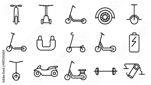 Collection of thirty outline vector icons depicting different types and features of electric scooters.
