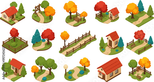 house cottage yard trees path fence road