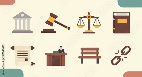 法廷、裁判官、法律書、天秤など、司法と正義を象徴するフラットデザインのアイコンセット.