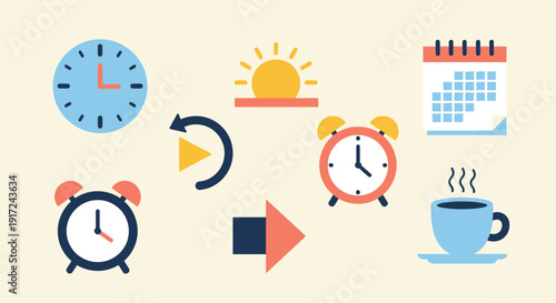時計、カレンダー、日の出、コーヒーカップ、再生ボタンなど、様々なアイコンのイラスト.