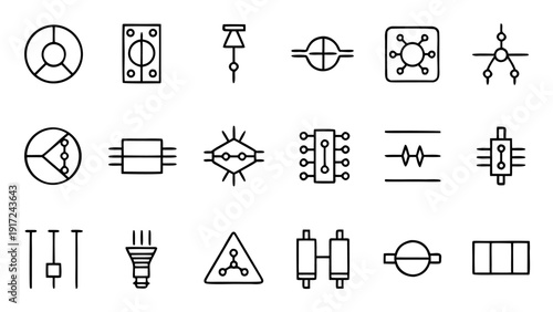 Collection of thirty outline vector icons depicting diverse electrical components and intricate circuitry.