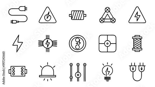 Set of outline icons depicting various electrical components, representing modern technology and engineering concepts.