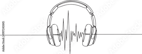 Headphones and Sound Wave Continuous One Line Drawing, Minimalist Music and Podcast Concept