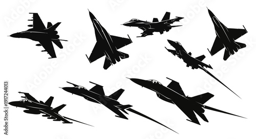 Silhouettes of multiple fighter jets flying in formation against white background