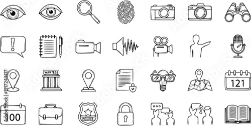 Hand-drawn investigation and detective icon set with doodles for crime, evidence, surveillance, and security concepts.