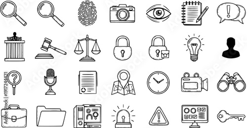 Crime Investigation Icons: Hand-Drawn Vector Set for Detective Work, Forensics, and Law Enforcement