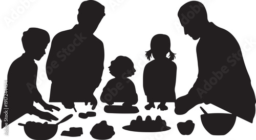 Family cooking together at a table with various ingredients