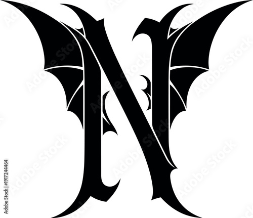 Black letter n with bat wings on isolated for halloween or gothic design