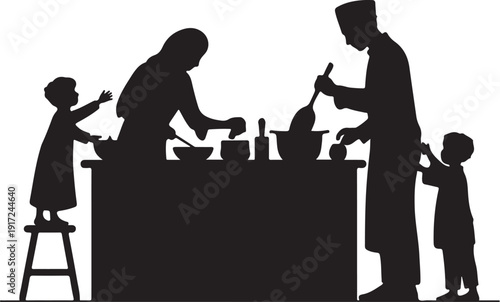Family cooking together in a kitchen with silhouettes