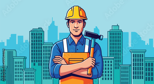 Proud Male Construction Worker in Front of City Skyline
