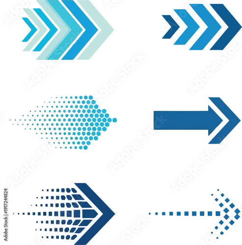 Modern abstract directional arrows set blue teal dynamic motion forward growth progress icons vector