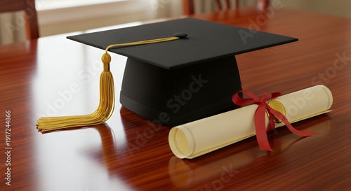 Graduation academic hat and a certificate on a table