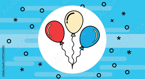 Three Colorful Party Balloons on Blue Geometric Background