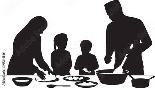 Family cooking together in black silhouette style white